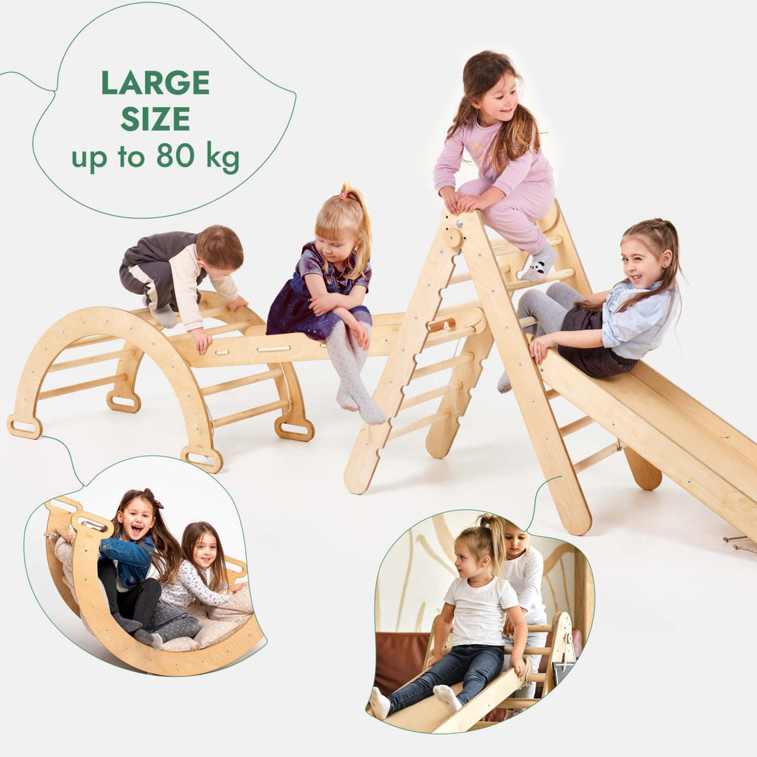 4in1 Montessori Climbing Frame Set: Triangle Ladder + Arch/Rocker + Slide Board/Ramp + Netting rope - Goodevas