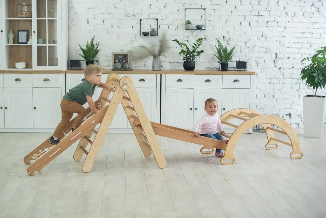 4in1 Montessori Climbing Frame Set: Triangle Ladder + Arch/Rocker + Slide Board/Ramp + Netting rope - Goodevas