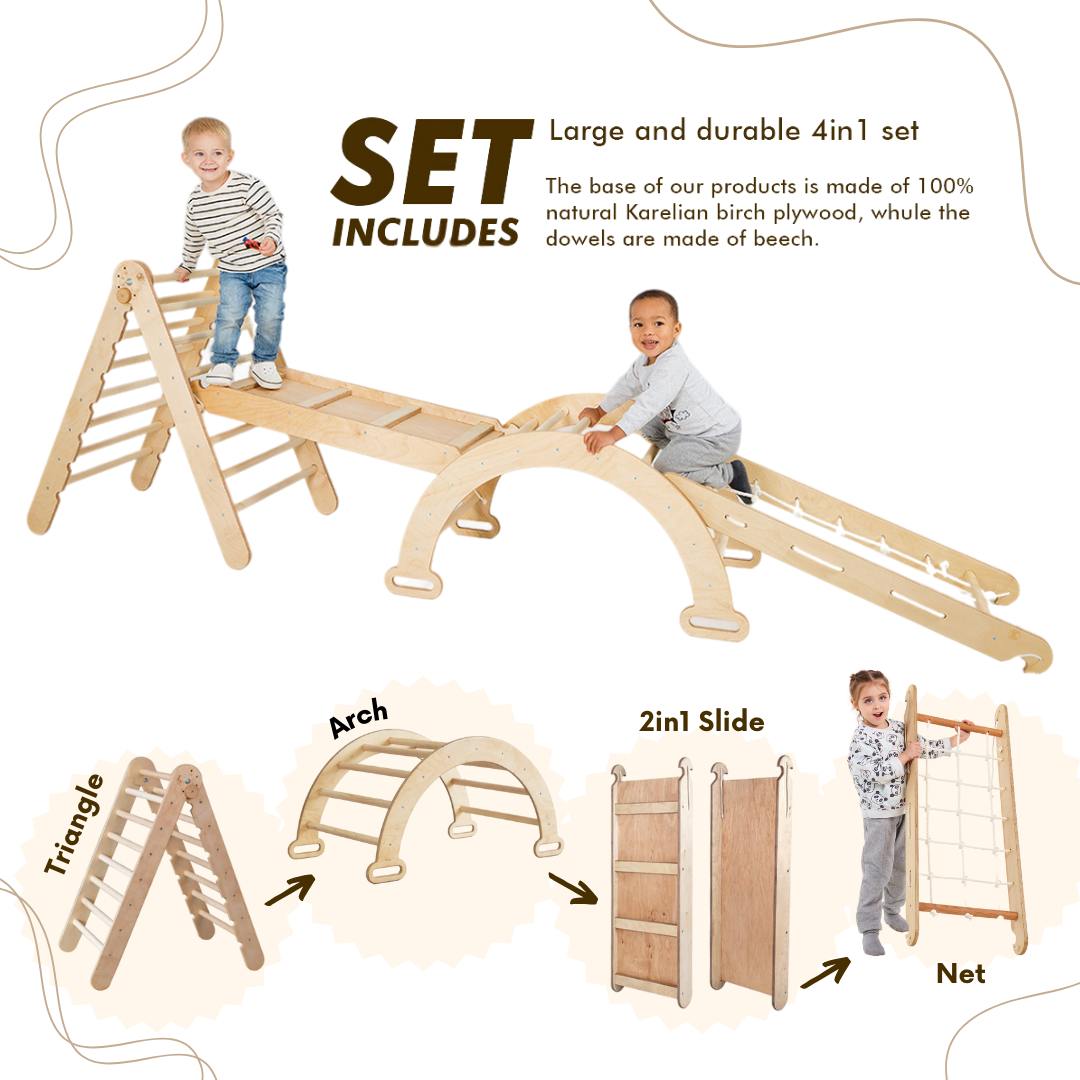 4in1 Montessori Climbing Frame Set: Triangle Ladder + Arch/Rocker + Slide Board/Ramp + Netting rope - Goodevas