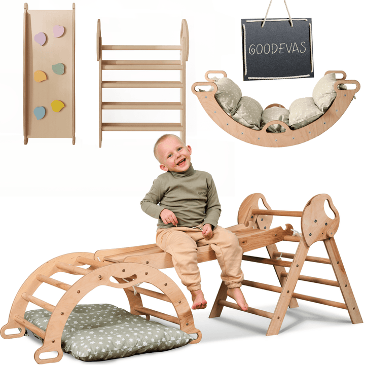 4in1 Montessori Climbing Set: Pikler Triangle, Arch, Slide Board, and Cushion for Toddlers (1–3 Years) - Goodevas