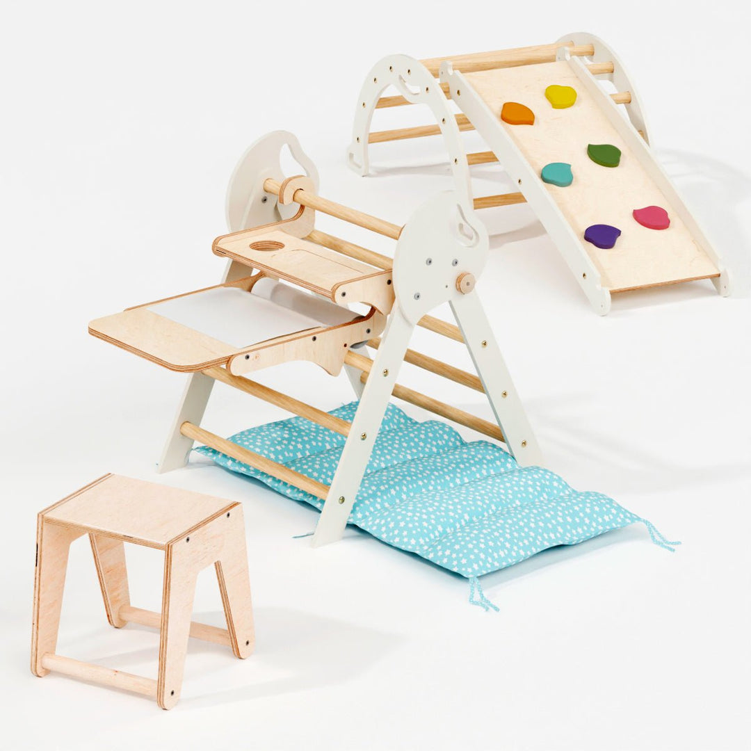 4in1 Montessori Climbing Set: Pikler Triangle, Arch, Slide Board, and Cushion for Toddlers (1–3 Years) - Goodevas