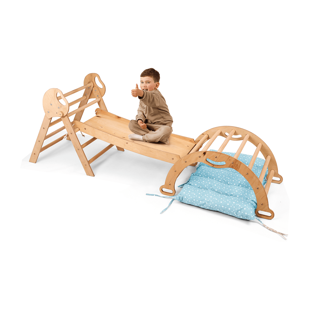 4in1 Montessori Climbing Set: Pikler Triangle, Arch, Slide Board, and Cushion for Toddlers (1–3 Years) - Goodevas