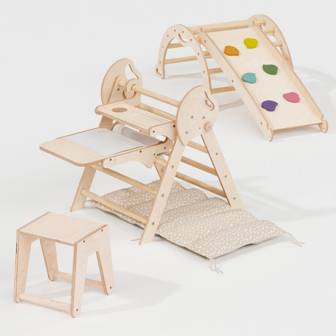 4in1 Montessori Climbing Set: Pikler Triangle, Arch, Slide Board, and Cushion for Toddlers (1–3 Years) - Goodevas