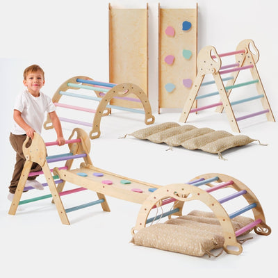 4-in-1 Montessori-Kletterset: Pikler-Dreieck, Kletterbogen, Rutschbrett und Kissen für Kleinkinder (1–3 Jahre) – Pastell