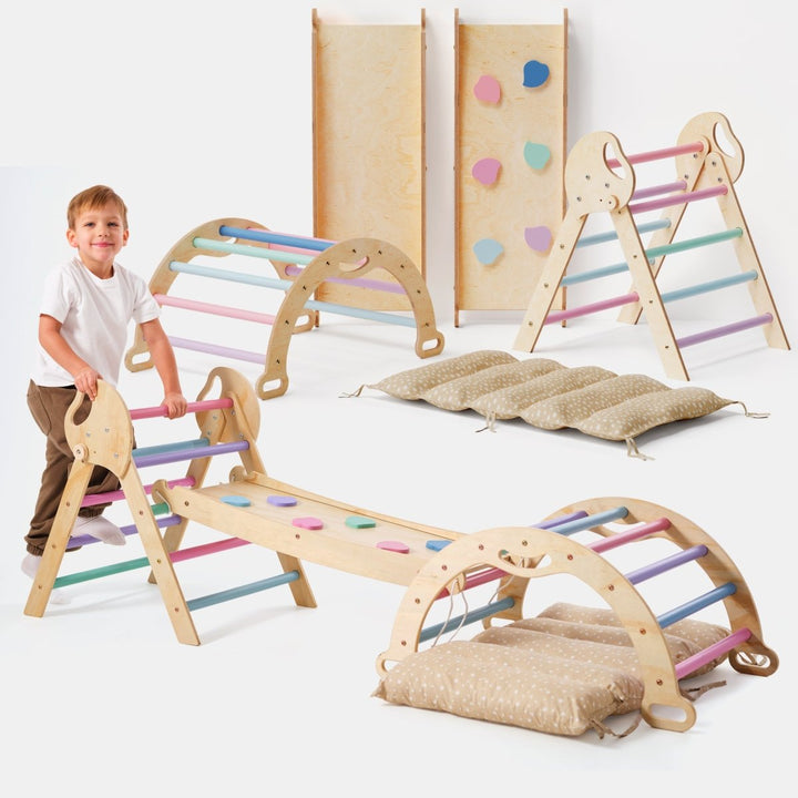 4in1 Montessori Climbing Set: Pikler Triangle, Arch, Slide Board, and Cushion for Toddlers (1–3 Years) - Pastel - Goodevas