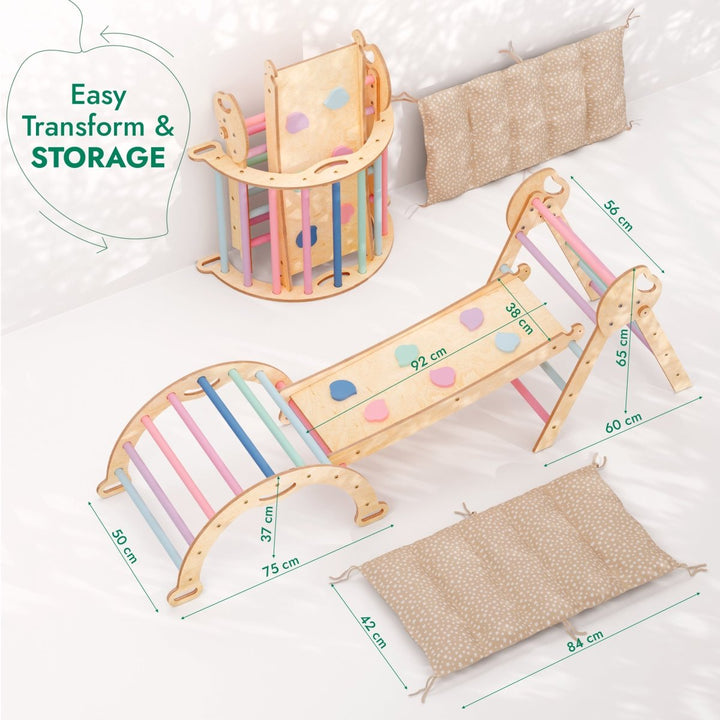 4in1 Montessori Climbing Set: Pikler Triangle, Arch, Slide Board, and Cushion for Toddlers (1–3 Years) - Pastel - Goodevas
