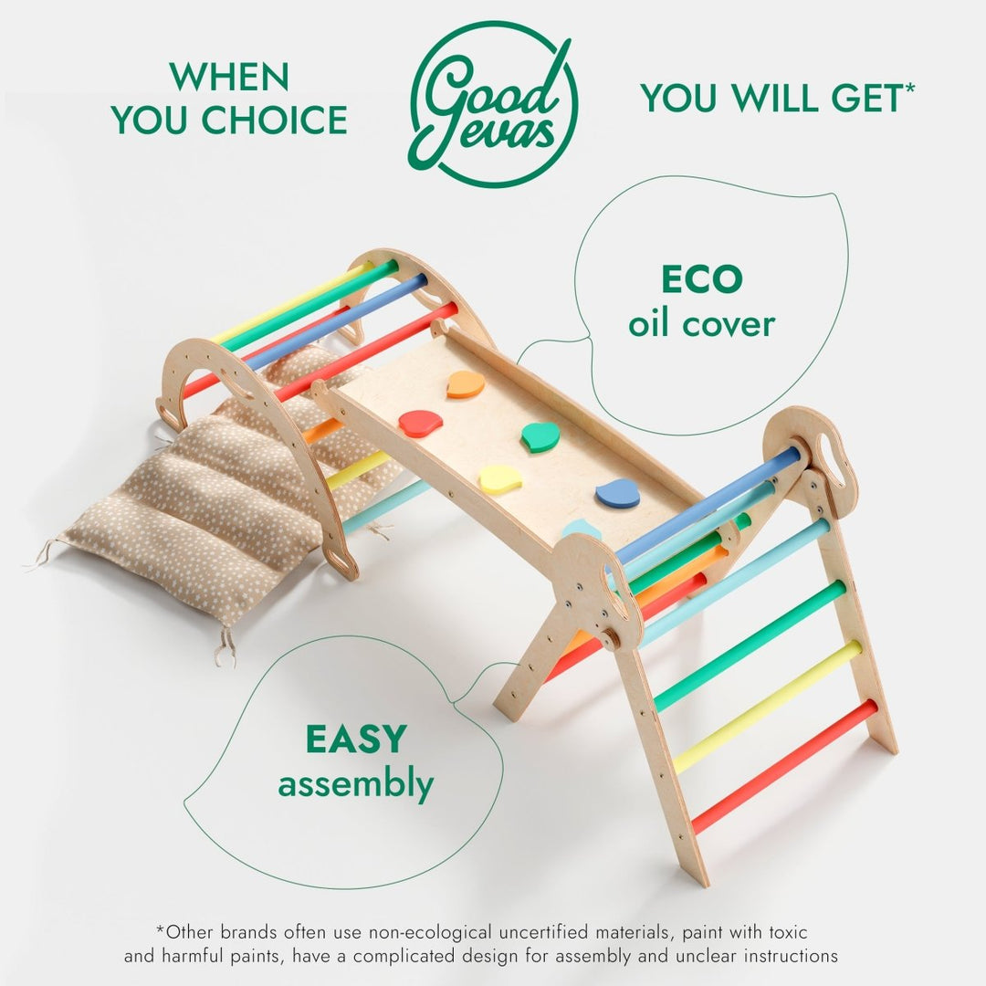 4in1 Montessori Climbing Set: Pikler Triangle, Arch, Slide Board, and Cushion for Toddlers (1–3 Years) - Rainbow - Goodevas