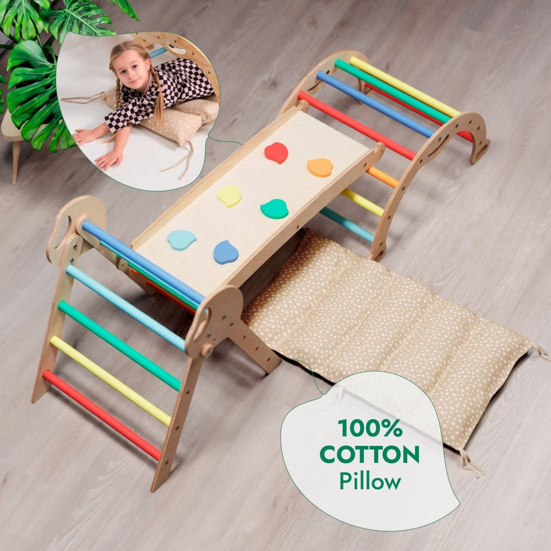 4in1 Montessori Climbing Set: Pikler Triangle, Arch, Slide Board, and Cushion for Toddlers (1–3 Years) - Rainbow - Goodevas