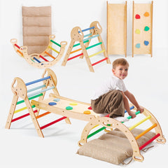 4in1 Montessori Climbing Set: Pikler Triangle, Arch, Slide Board, and Cushion for Toddlers (1–3 Years) - Rainbow - Goodevas