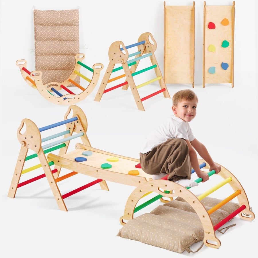 4in1 Montessori Climbing Set: Pikler Triangle, Arch, Slide Board, and Cushion for Toddlers (1–3 Years) - Rainbow - Goodevas
