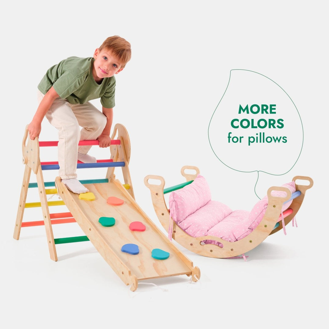 4in1 Montessori Climbing Set: Pikler Triangle, Arch, Slide Board, and Cushion for Toddlers (1–3 Years) - Rainbow - Goodevas