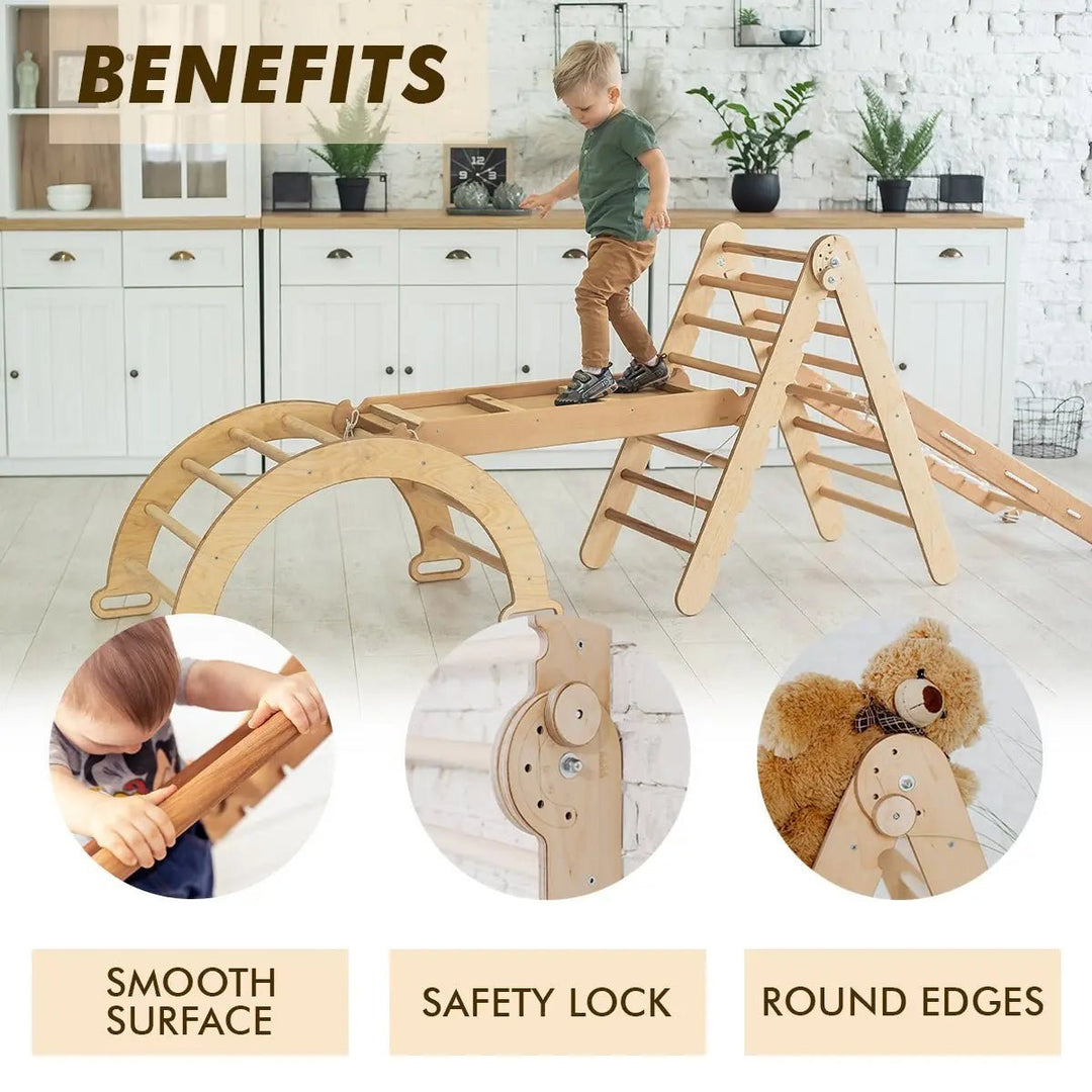 4in1 Montessori Climbing Set: Triangle Ladder + Arch/Rocker + Slide Board/Ramp + Climbing Net – Beige - Goodevas