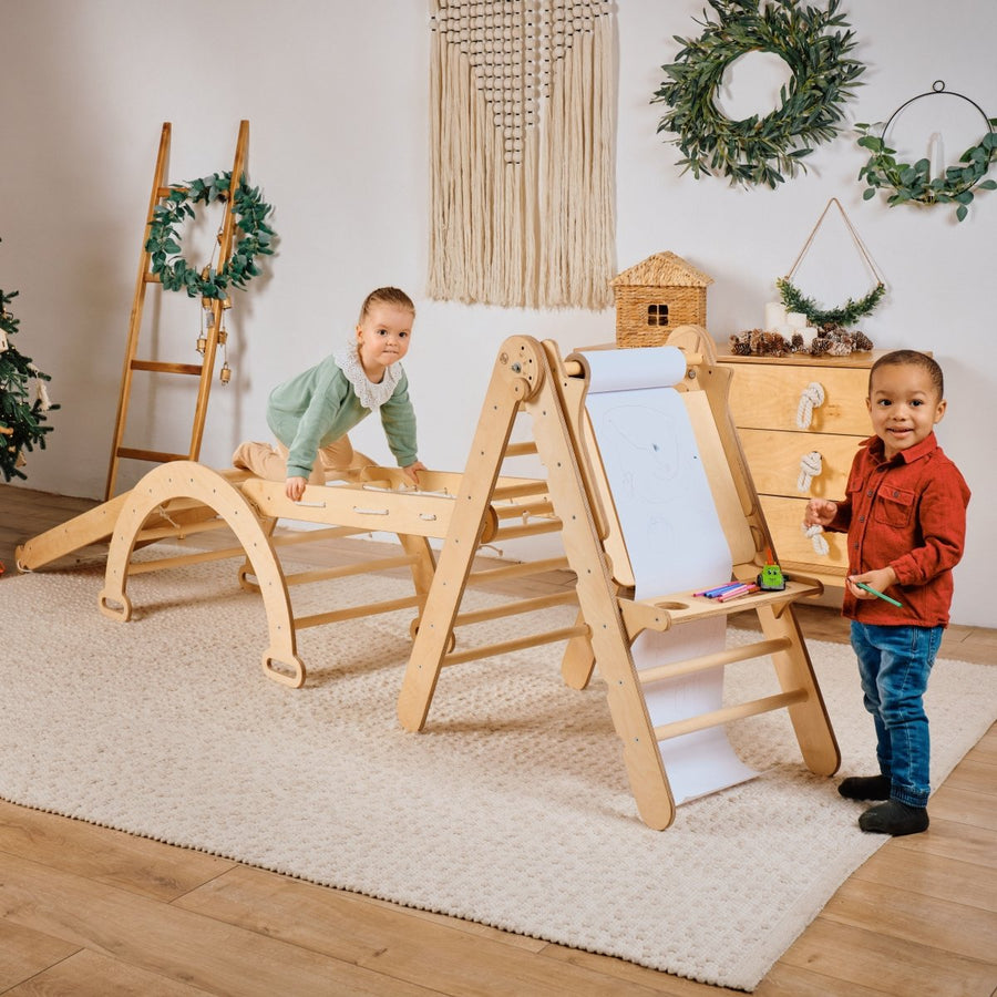 4in1 Montessori Climbing Set: Triangle Ladder + Climbing Arch + Slide Board + Art Addition - Goodevas