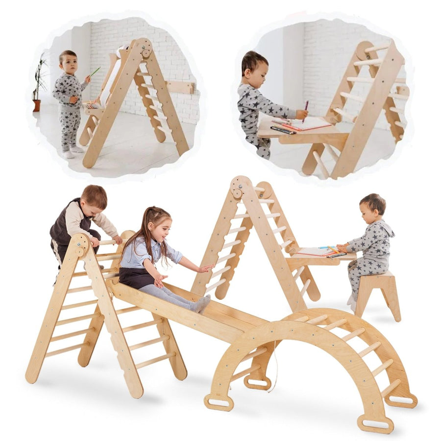 4in1 Montessori Climbing Set: Triangle Ladder + Climbing Arch + Slide Board + Art Addition - Goodevas