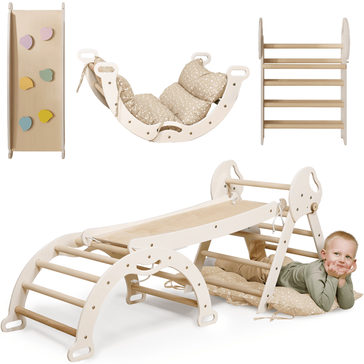 4in1 Montessori Climbing Set: Triangle Ladder + Climbing Arch + Slide Board + Cushion (1 - 3 y.o) - Goodevas