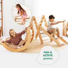 4in1 Montessori Climbing Set: Triangle Ladder + Climbing Arch + Slide Board & Cushion – Beige - Goodevas