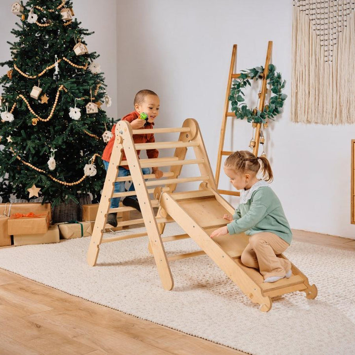 4in1 Montessori Climbing Set: Triangle Ladder + Climbing Arch + Slide Board & Cushion – Beige - Goodevas