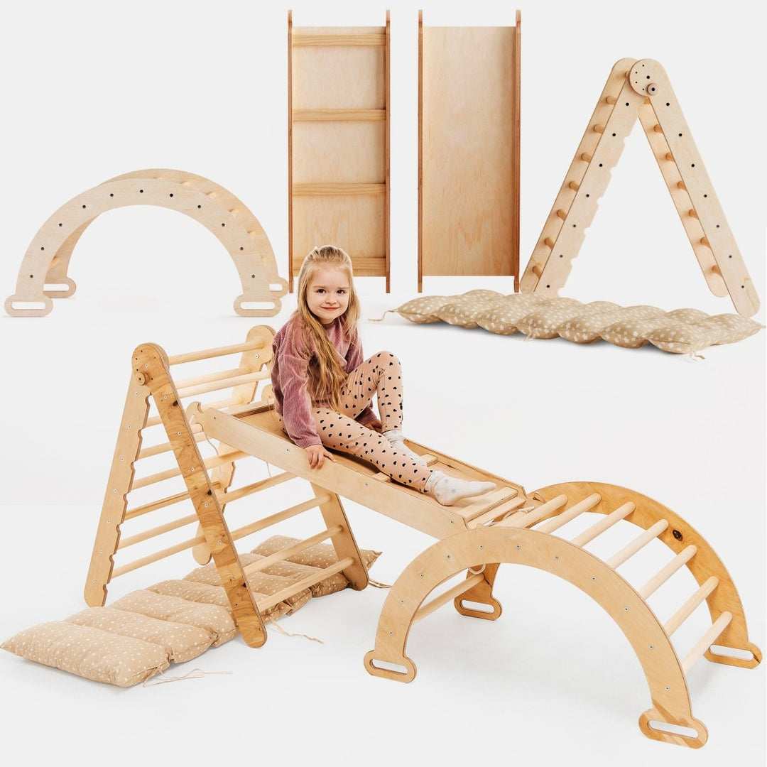 4in1 Montessori Climbing Set: Triangle Ladder + Climbing Arch + Slide Board & Cushion – Beige - Goodevas