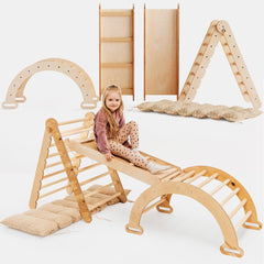 4in1 Montessori Climbing Set: Triangle Ladder + Climbing Arch + Slide Board & Cushion – Beige - Goodevas