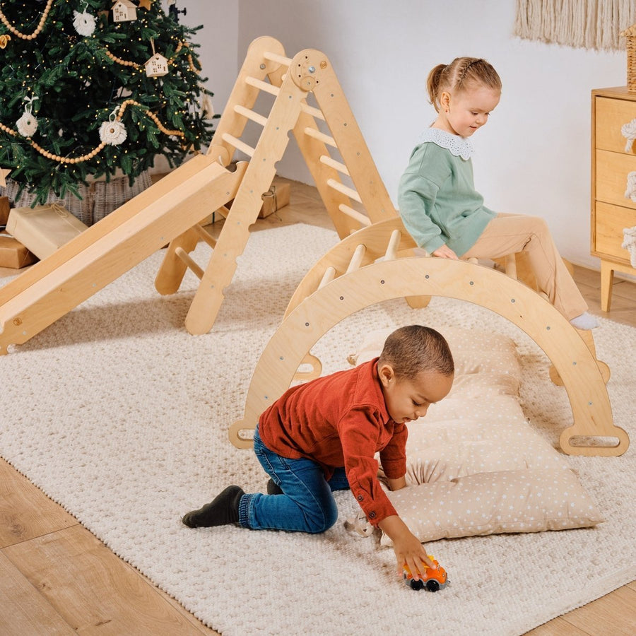 4in1 Montessori Climbing Set: Triangle Ladder + Climbing Arch + Slide Board & Cushion – Beige - Goodevas