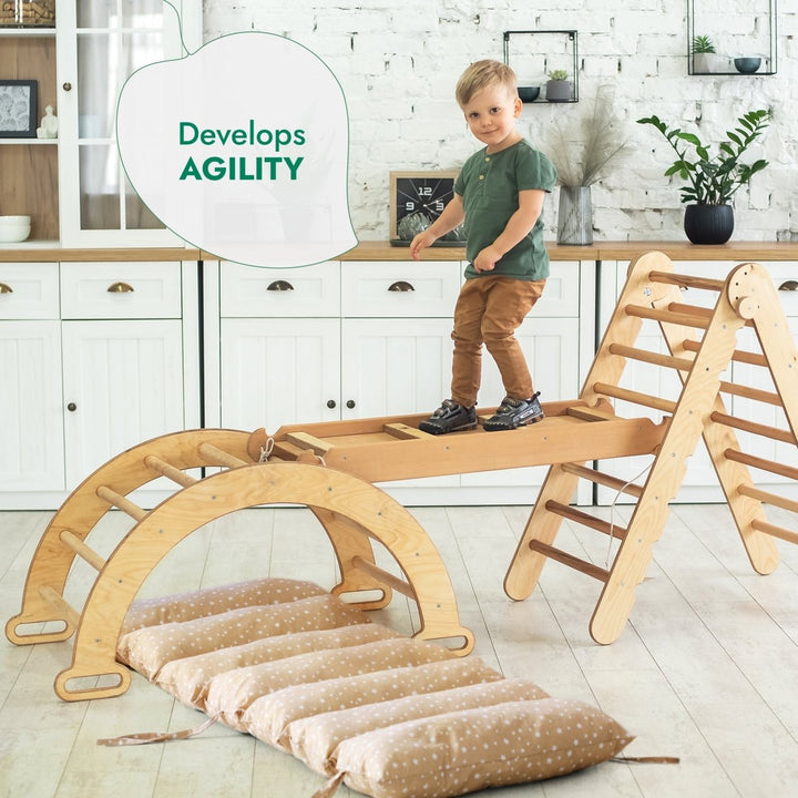 4in1 Montessori Climbing Set: Triangle Ladder + Climbing Arch + Slide Board & Cushion – Beige - Goodevas