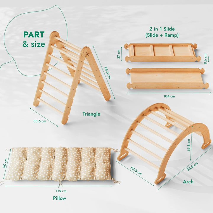 4in1 Montessori Climbing Set: Triangle Ladder + Climbing Arch + Slide Board & Cushion – Beige - Goodevas