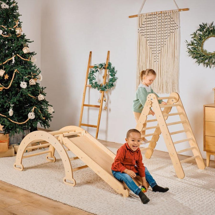 4in1 Montessori Climbing Set: Triangle Ladder + Climbing Arch + Slide Board & Cushion – Beige - Goodevas