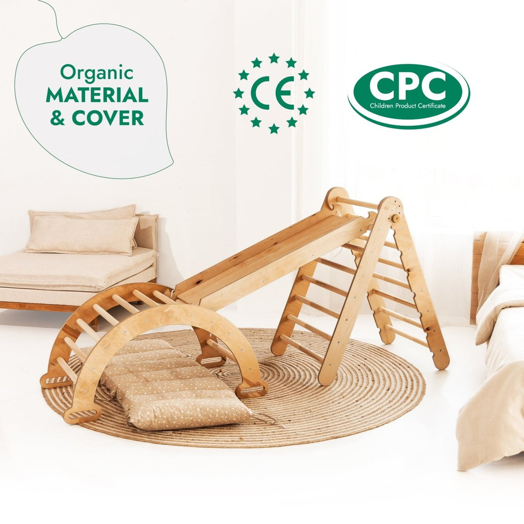 4in1 Montessori Climbing Set: Triangle Ladder + Climbing Arch + Slide Board & Cushion – Beige - Goodevas