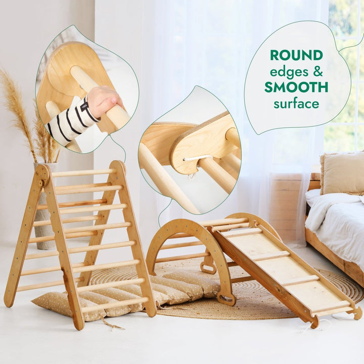 4in1 Montessori Climbing Set: Triangle Ladder + Climbing Arch + Slide Board & Cushion – Beige - Goodevas