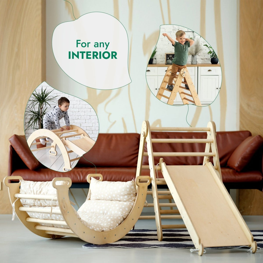 4in1 Montessori Climbing Set: Triangle Ladder + Climbing Arch + Slide Board & Cushion – Beige - Goodevas