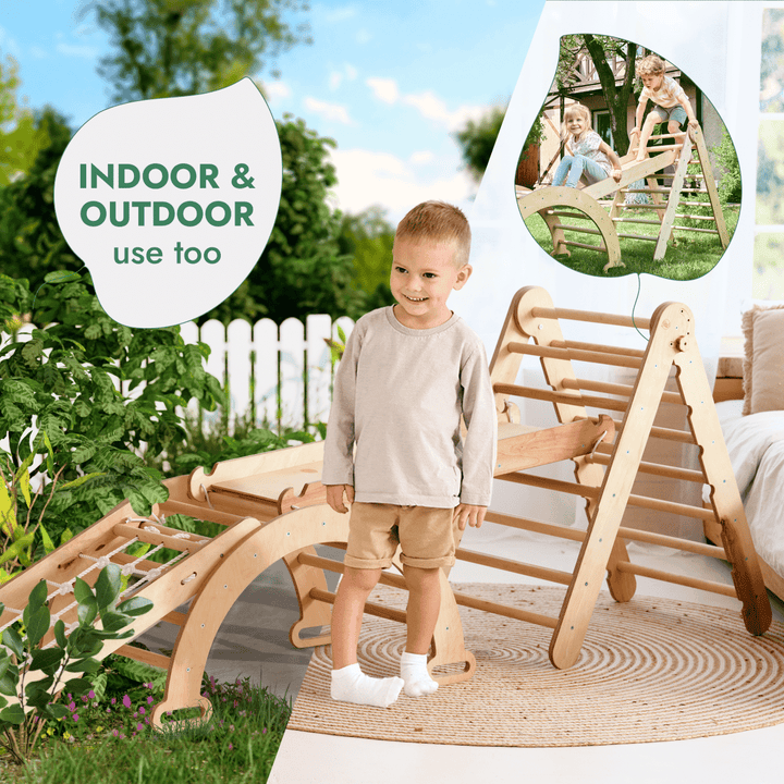 4in1 Montessori Climbing Set: Triangle Ladder + Climbing Arch + Slide Board + Net – Beige - Goodevas