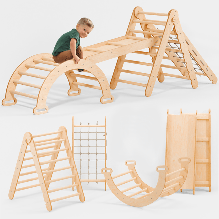 4in1 Montessori Climbing Set: Triangle Ladder + Climbing Arch + Slide Board + Net – Beige - Goodevas