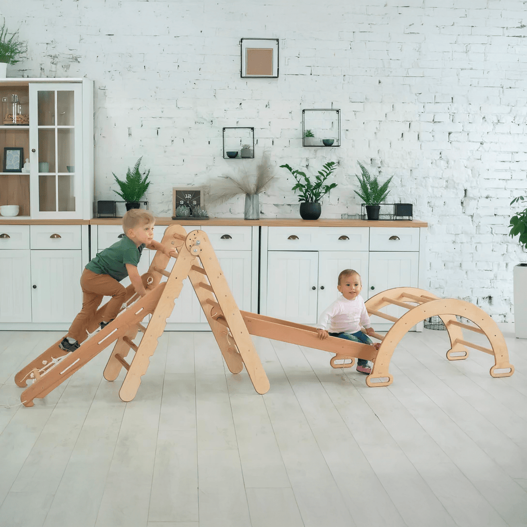 4in1 Montessori Climbing Set: Triangle Ladder + Climbing Arch + Slide Board + Net – Beige - Goodevas