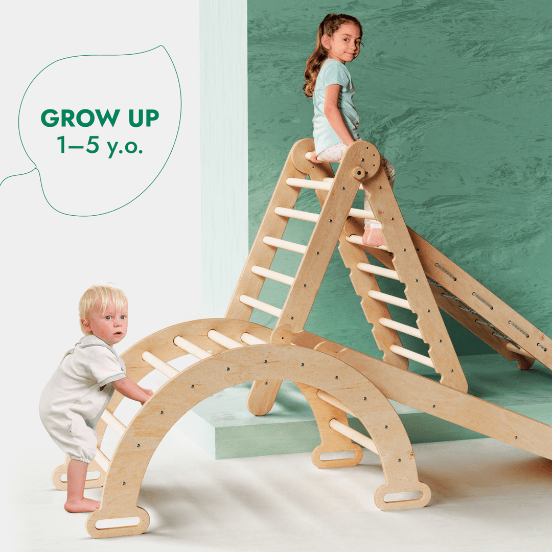 4in1 Montessori Climbing Set: Triangle Ladder + Climbing Arch + Slide Board + Net – Beige - Goodevas