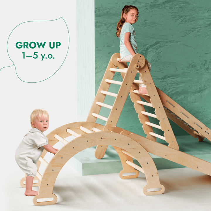 4in1 Montessori Climbing Set: Triangle Ladder + Climbing Arch + Slide Board + Net – Beige - Goodevas
