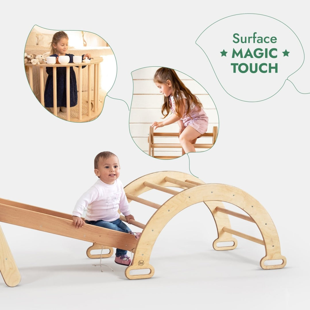4in1 Montessori Climbing Set: Triangle Ladder + Climbing Arch + Slide Board + Net – Beige - Goodevas