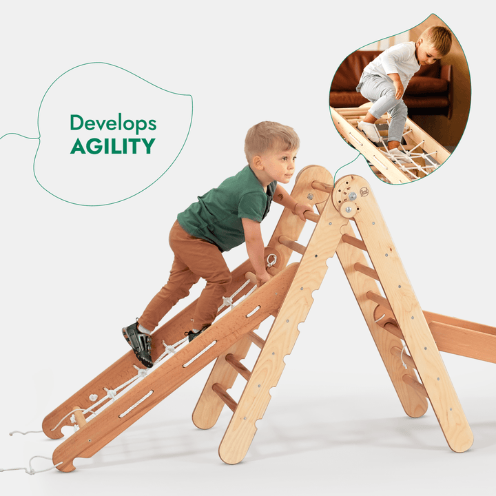 4in1 Montessori Climbing Set: Triangle Ladder + Climbing Arch + Slide Board + Net – Beige - Goodevas