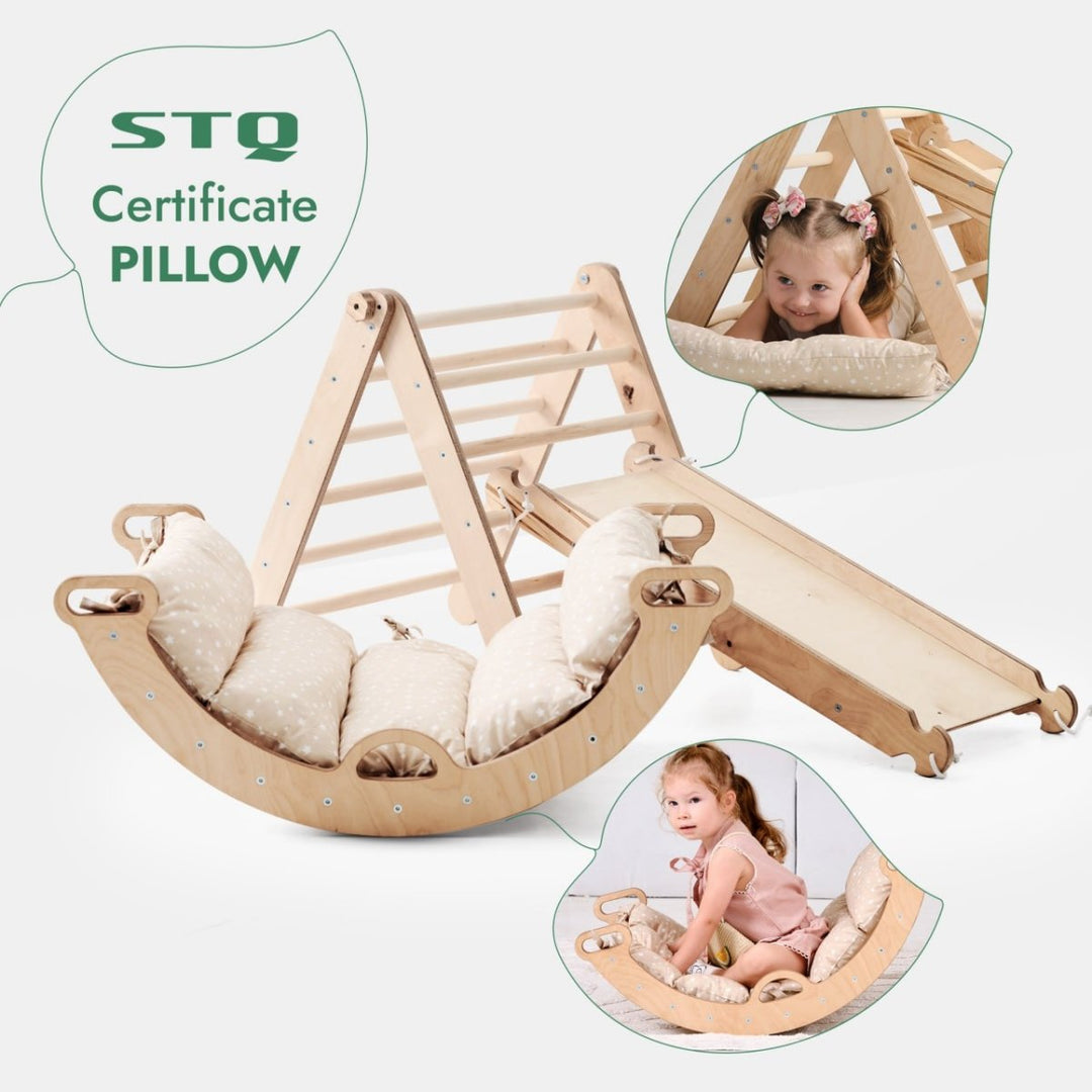 4in1 Toddler climbing set: Triangle Ladder + Climbing Arch + Slide Board + Cushion Beige - Goodevas