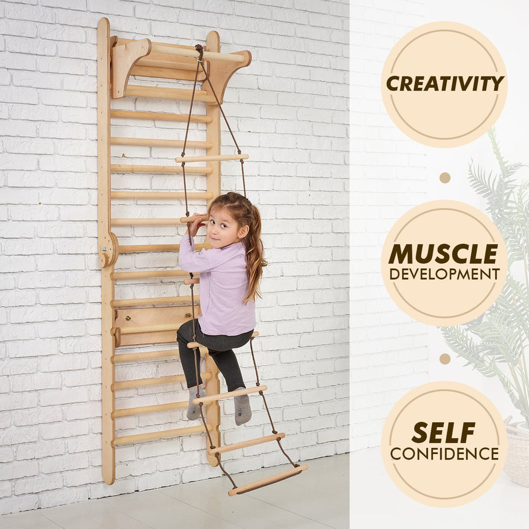 4in1 Wooden Swedish Wall / Climbing ladder for Children + Swing Set + Slide Board + Art Add-on - Goodevas