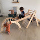 The 4in1 Montessori Climbing Set consists of: Triangle Ladder + Arch/Rocker + Slide Board/Ramp + Net – Chocolate