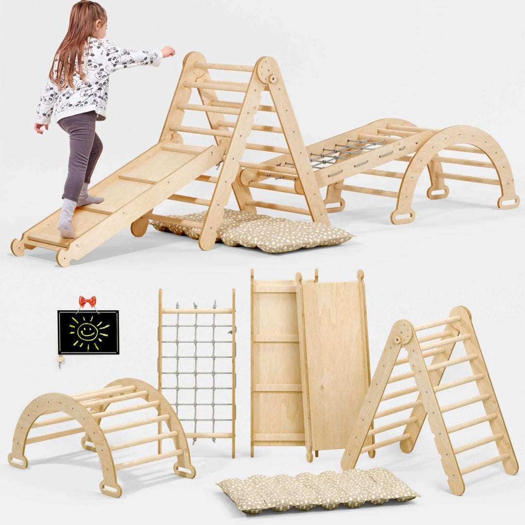 5in1 Montessori Climbing Frame Set: Triangle Ladder + Arch/Rocker + Slide Board/Ramp + Netting rope + Cushion - Goodevas