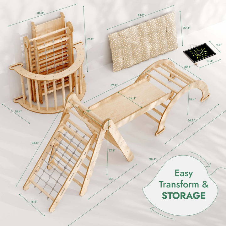 5in1 Montessori Climbing Frame Set: Triangle Ladder + Arch/Rocker + Slide Board/Ramp + Netting rope + Cushion - Goodevas