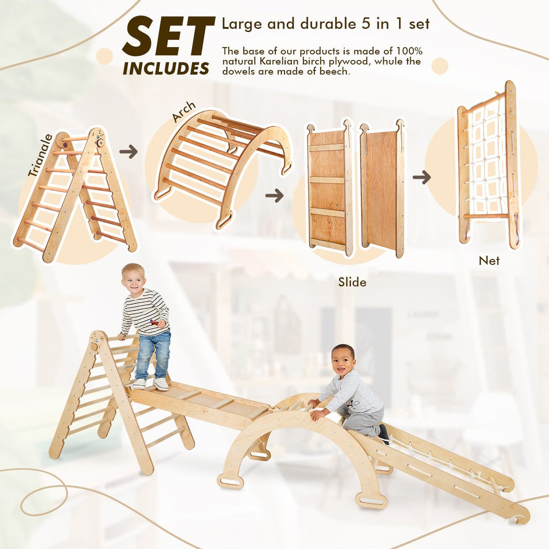 5in1 Montessori Climbing Frame Set: Triangle Ladder + Arch/Rocker + Slide Board/Ramp + Netting rope + Cushion - Goodevas