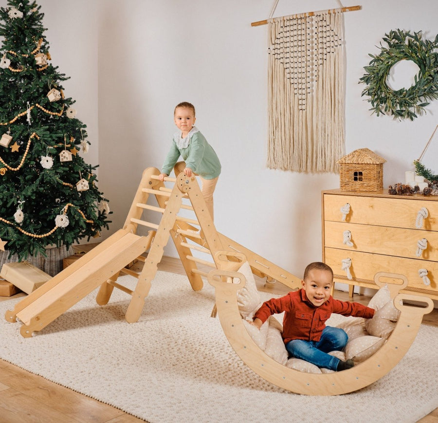 5in1 Montessori Climbing Frame Set: Triangle Ladder + Arch/Rocker + Slide Board/Ramp + Netting rope + Cushion - Goodevas