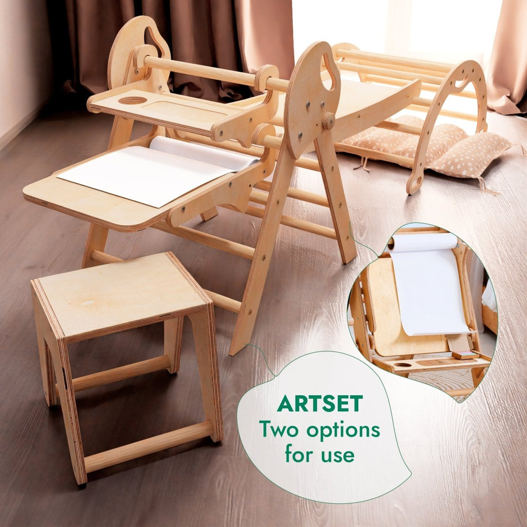 5in1 Montessori Climbing Set: Pikler Triangle, Arch, Slide Board, Art Addition and Cushion for Toddlers (1–3 Years) - Goodevas