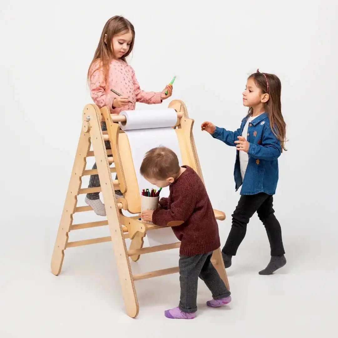 5in1 Montessori Climbing Set: Triangle Ladder, Arch, Slide, Cushion & Art – Beige - Goodevas