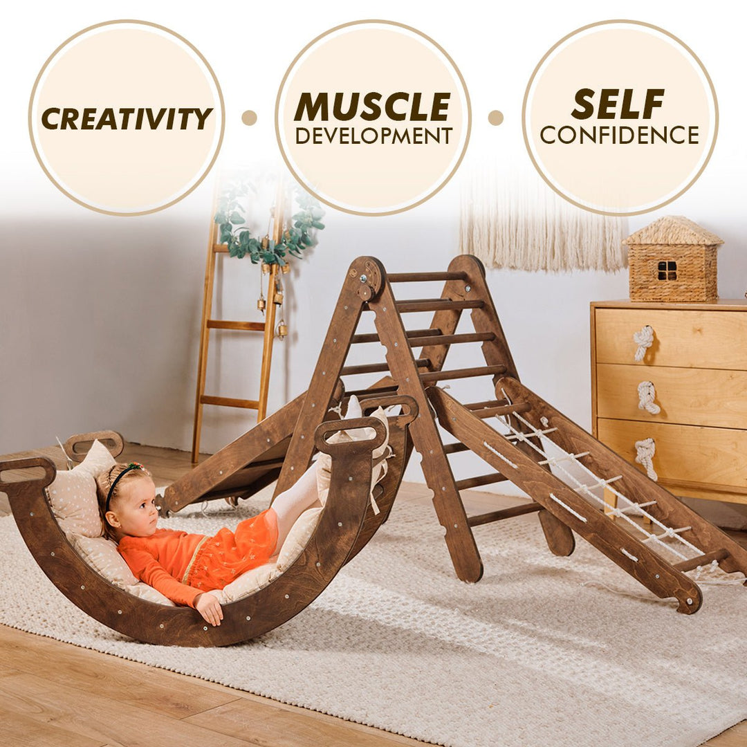 5in1 Montessori Climbing Set: Triangle Ladder + Arch/Rocker + Slide Board/Ramp + Net + Cushion – Chocolate - Goodevas
