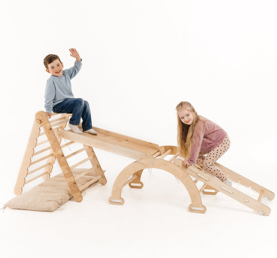 5in1 Montessori Climbing Set: Triangle Ladder + Arch/Rocker + Slide Board/Ramp + Netting rope + Cushion - Goodevas
