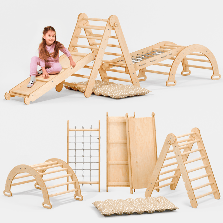 5in1 Montessori Climbing Set: Triangle Ladder + Arch/Rocker + Slide Board/Ramp + Netting rope + Cushion - Goodevas