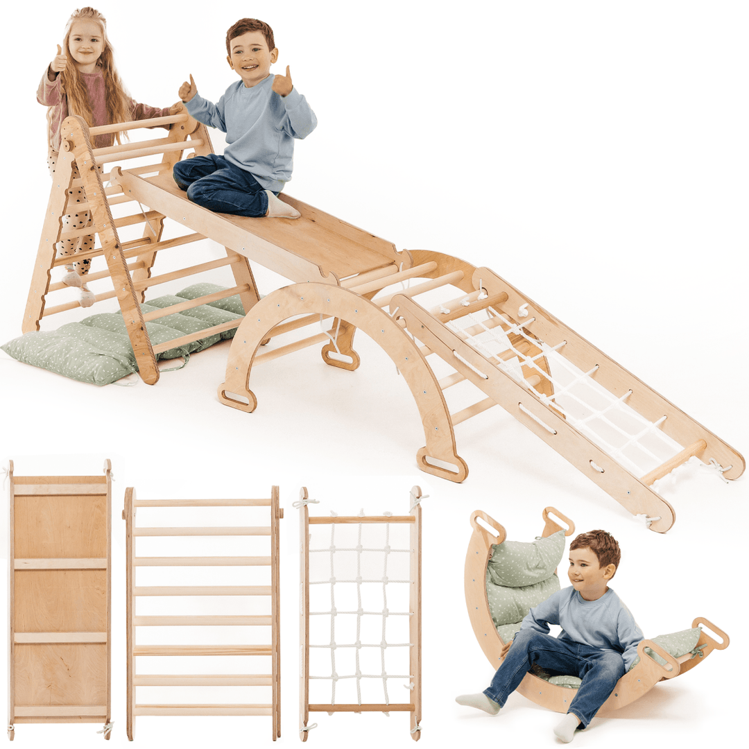 5in1 Montessori Climbing Set: Triangle Ladder + Arch/Rocker + Slide Board/Ramp + Netting rope + Cushion - Goodevas